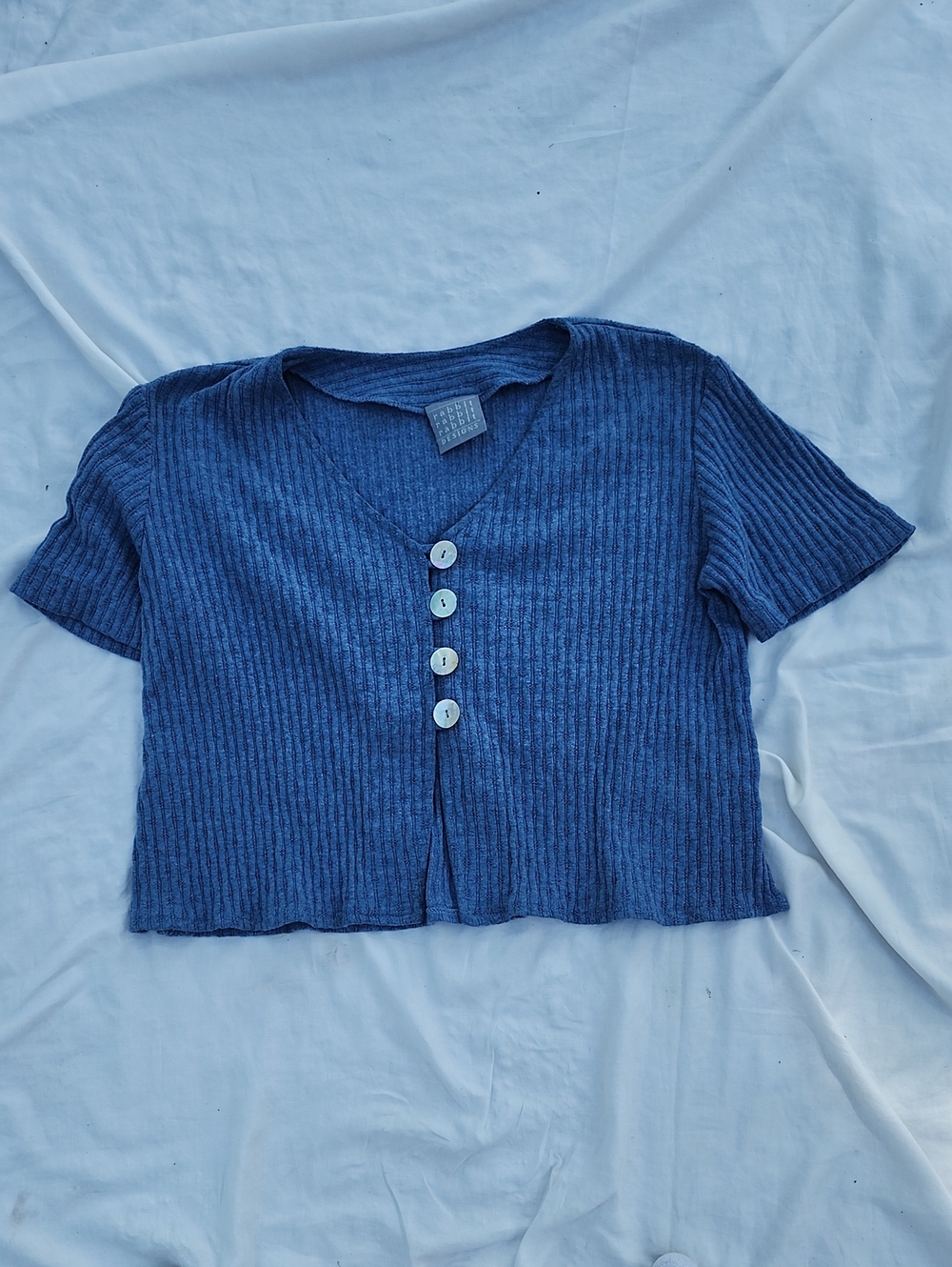 Rabbit Rabbit Rabbit Designs Blue Ribbed V-Neck Button Front Top Size XS